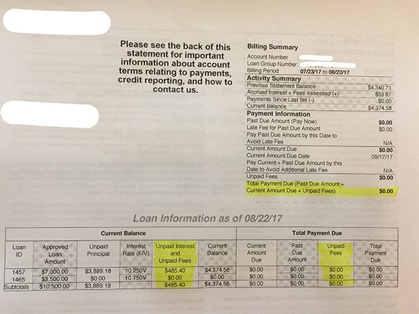 Student Loan Statement Showing $0 Amount Due